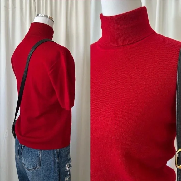 Vintage 1990s Red Jones New York Wool turtleneck sweater short sleeve large. - Picture 6 of 8
